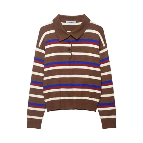 Suéter Polo de Punto a Rayas Vintage para Mujer Color de Contraste Manga Larga Jersey Casual Marrón Multicolor