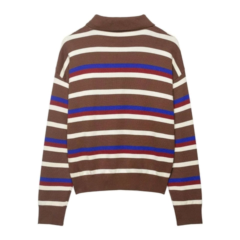 Suéter Polo de Punto a Rayas Vintage para Mujer Color de Contraste Manga Larga Jersey Casual Marrón Multicolor