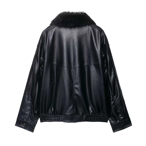 Chaqueta Vintage de Cuero Sintético para Mujer Con Cuello de Piel Sintética Negra Abrigo Casual de Manga Larga Bolsillos Grandes