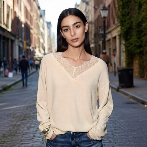 Pull en Tricot Élégant pour Femmes Col en V avec Patchwork en Dentelle Manches Longues Haut Souple pour Mode Décontractée