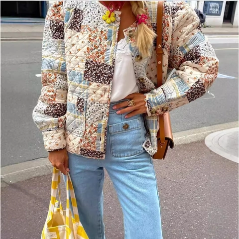 Chaqueta Acolchada de Patchwork Vintage para Mujer con Estampado Floral Cuello Redondo Manga Larga Abrigo Retro Streetwear
