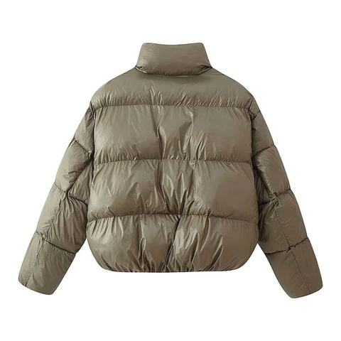 Damen Vintage Olivgrün Stehkragen Kurz Puffer Jacke Gesteppte Brot Stil Wintermantel Mit Metall Druckknöpfen