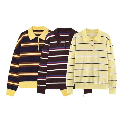 Vintage Contrast Stripe Polo Neck Knit Sweater For Women Casual Long Sleeve Button Pullover Knitwear Tops