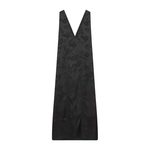 Dames Elegant Zwart Bloemen Jacquard Maxi Jurk Diepe V-hals Mouwloos Polyester Satijn Gevoel Lange Vest Jurk