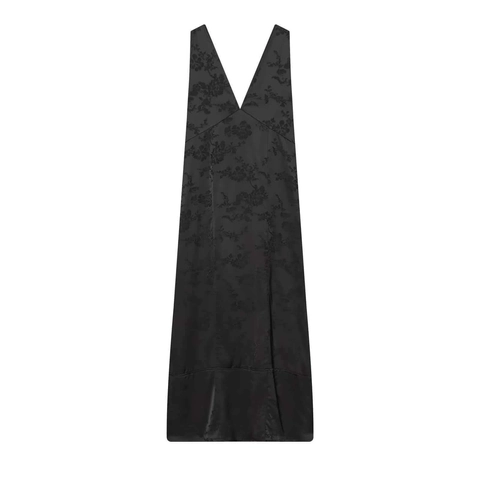 Dames Elegant Zwart Bloemen Jacquard Maxi Jurk Diepe V-hals Mouwloos Polyester Satijn Gevoel Lange Vest Jurk