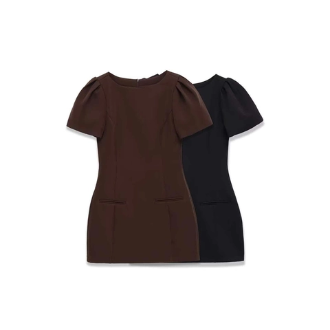 Damen Sommer Casual Kurz Puffärmel Mini Kleid Elegant Einfarbig Rundhals Kleid Mit Taschen Büro Dame Mini Kleid