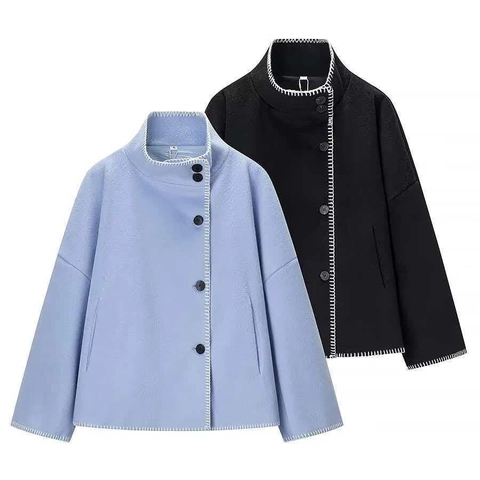 Cappotto Corto Donna Elegante in Misto Lana Collo Alto Punto a Mano Contrasto Giacca Larga Monopetto Manica Lunga