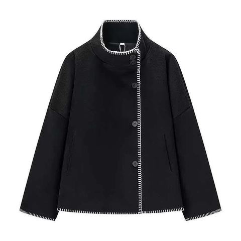 Cappotto Corto Donna Elegante in Misto Lana Collo Alto Punto a Mano Contrasto Giacca Larga Monopetto Manica Lunga