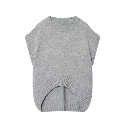 Dames Casual Gebreide Tanktop Ronde Hals Slim Fit Mouwloos High-Low Zoom Ribgebreid Polyester Vest Zomertop Grijs