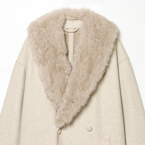 Damen Eleganter Off-White Wollmantel Mit Kunstpelzkragen Knopfleiste Winter Langarm Übermantel Mode Warme Oberbekleidung