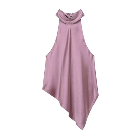 Elegant Dames Satijn Halter Top Asymmetrische Zoom Mouwloos Rugloos Strik Nek Mode Casual Feest Blouse Shirt