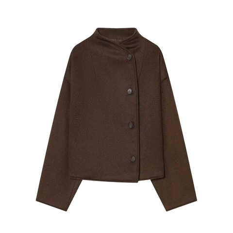 Giacca di Lana da Donna Elegante Marrone Cioccolato Minimalista Collo in Piedi Asimmetrico Manica Lunga Bottoni Cappotto Corto
