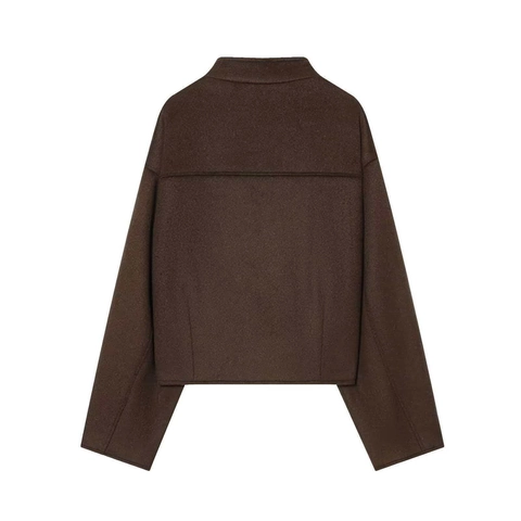 Giacca di Lana da Donna Elegante Marrone Cioccolato Minimalista Collo in Piedi Asimmetrico Manica Lunga Bottoni Cappotto Corto