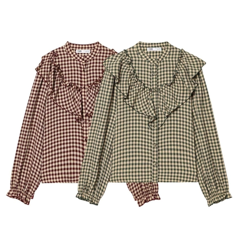 Camicetta da Donna Vintage a Quadretti Gingham Manica Lunga con Volant a Strati Colletto alla Coreana Camicia Elegante Top
