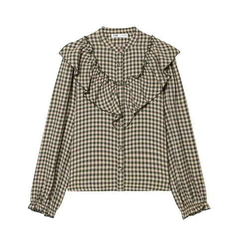 Camicetta da Donna Vintage a Quadretti Gingham Manica Lunga con Volant a Strati Colletto alla Coreana Camicia Elegante Top