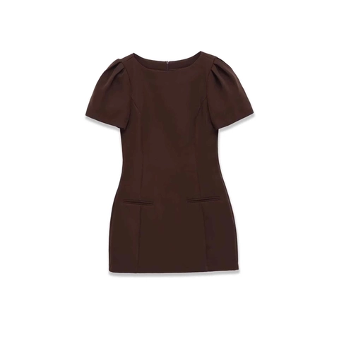 Damen Sommer Casual Kurz Puffärmel Mini Kleid Elegant Einfarbig Rundhals Kleid Mit Taschen Büro Dame Mini Kleid