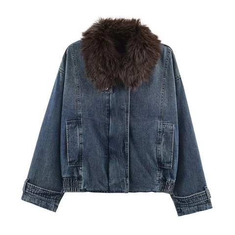Damen Vintage Dunkelblaue Jeansjacke Mit Braunem Kunstpelzkragen Lockere Kurze Jeansmantel Casual Oberbekleidung Herbst Winter