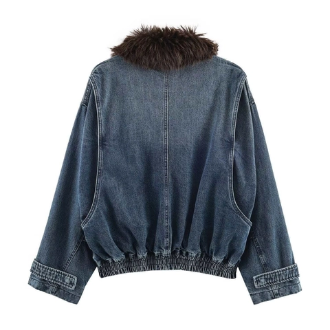 Damen Vintage Dunkelblaue Jeansjacke Mit Braunem Kunstpelzkragen Lockere Kurze Jeansmantel Casual Oberbekleidung Herbst Winter