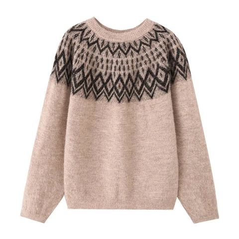 Pull Femme Vintage Jacquard Géométrique en Tricot Col Rond Manches Longues Chaud Doux Haut Pullover pour Automne Hiver