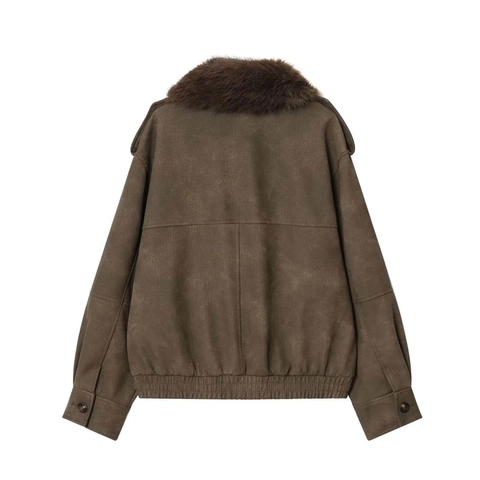 Giacca Bomber Vintage Verde Militare in Ecopelle Con Collo in Pelliccia Sintetica Marrone Scuro Capispalla Media Lunghezza per Donna