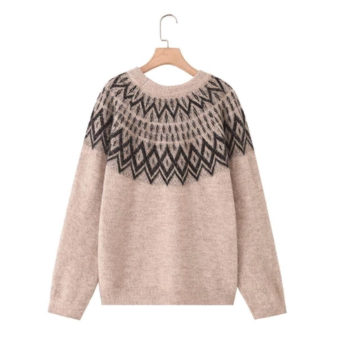 Pull Femme Vintage Jacquard Géométrique en Tricot Col Rond Manches Longues Chaud Doux Haut Pullover pour Automne Hiver