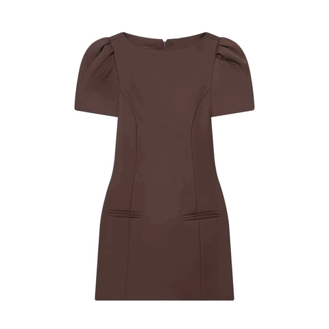 Women's Elegant Dark Brown Puff Sleeve Mini Dress Slim Fit Waist Cinching Round Neck Short Sleeve Woven Summer Dress