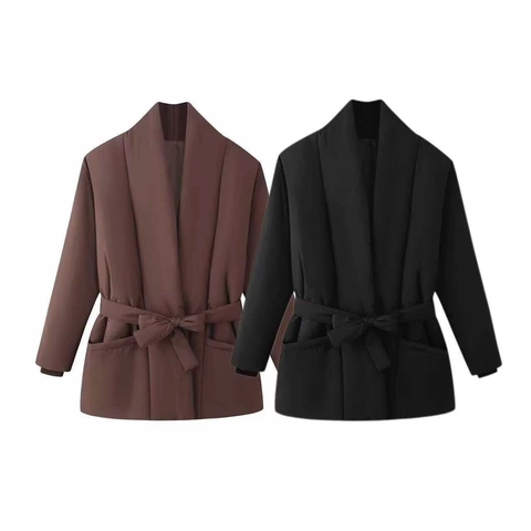 Veste Rembourrée Matelassée Décontractée pour Femmes Avec Ceinture Couleur Unie Mi-longue Manteau d'hiver Chaud Manches Longues