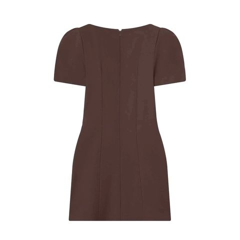 Women's Elegant Dark Brown Puff Sleeve Mini Dress Slim Fit Waist Cinching Round Neck Short Sleeve Woven Summer Dress