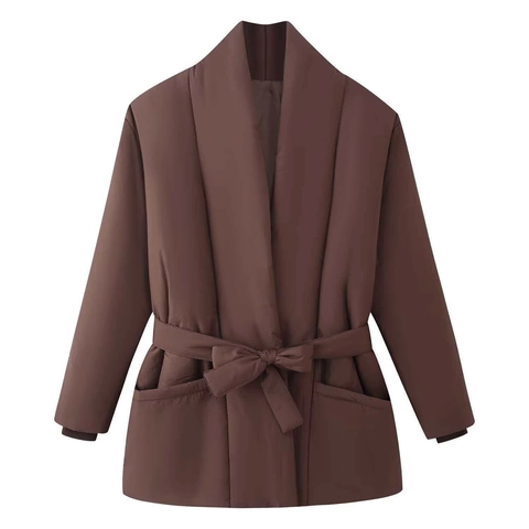 Veste Rembourrée Matelassée Décontractée pour Femmes Avec Ceinture Couleur Unie Mi-longue Manteau d'hiver Chaud Manches Longues