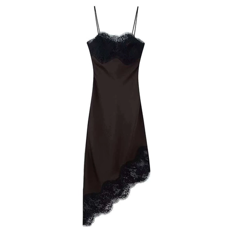 Sext Damen Satin Spitze Slipkleid Asymmetrischer Saum Spaghettiträger Einfarbig Ärmellos Midi Party Abendkleid Damen Kleid