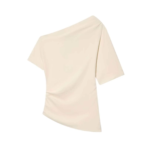 Women Elegant Asymmetrical Skew Neck Pleated Short Sleeve Blouse Solid Color Off White Casual Commuter Top