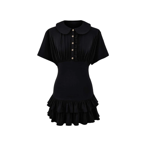 Women Cotton Blend Peter Pan Collar Ruffle Hem Mini Dress Sweet Pleated High Waist Short Sleeve Skirt Dress