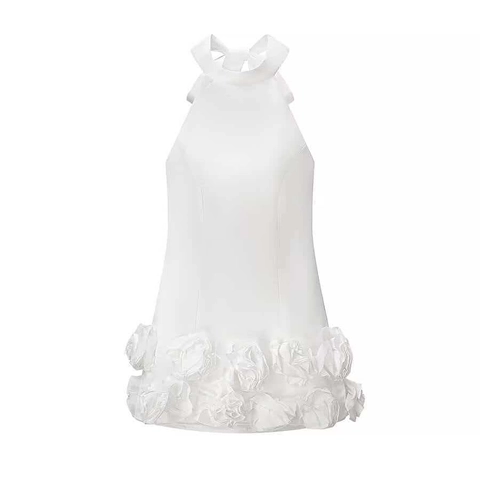 Vestito Mini in Raso Bianco Elegante da Donna Con Scollo all'Americana Fiocco Grande e Orlo Floreale 3D Sexy Festa Banchetto Vestito Corto