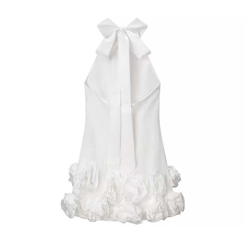 Vestito Mini in Raso Bianco Elegante da Donna Con Scollo all'Americana Fiocco Grande e Orlo Floreale 3D Sexy Festa Banchetto Vestito Corto
