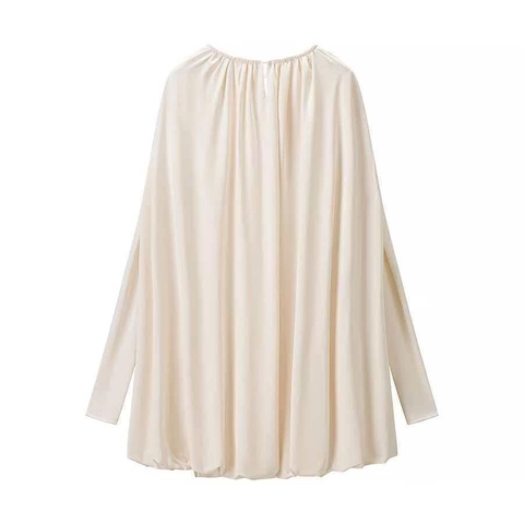 Damen Elegant Plissee Rundhalsausschnitt Langarm Cape Poncho Minikleid Locker Einfarbig Satin Look Sommer Kurzes Kleid