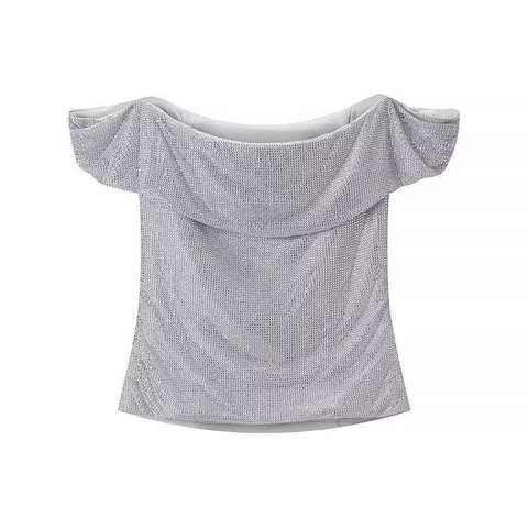 Top de Hombros Descubiertos con Lentejuelas y Diamantes de Imitación para Mujer Blusa de Fiesta Elegante Plateada