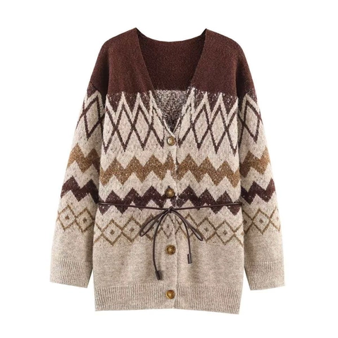 Dames Vintage Geometrische Jacquard Gebreid Vest V-hals Lange Mouw Losse Trui Jas Met Riem Herfst Winter Outwear