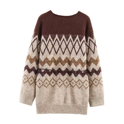 Dames Vintage Geometrische Jacquard Gebreid Vest V-hals Lange Mouw Losse Trui Jas Met Riem Herfst Winter Outwear