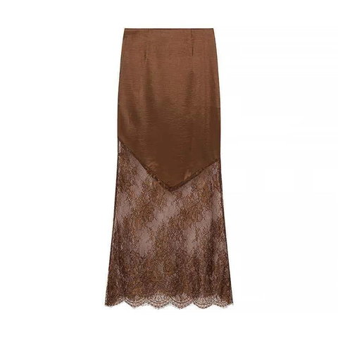 Women Elegant Satin Lace Patchwork Maxi Skirt Vintage High Waist Bodycon Long Skirt Glossy Solid Color Evening Party Skirt