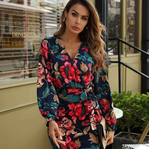 Abito a Portafoglio da Donna con Scollo a V e Maniche Lunghe con Stampa Floreale Casual Elegante Blu Navy Slim Fit Mini Abito