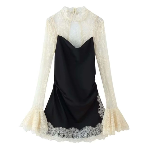 Vestido Mini Ajustado Elegante de Encaje Patchwork Con Manga Acampanada Mujer Vintage Cuello Alzado Color de Contraste Mix Satén