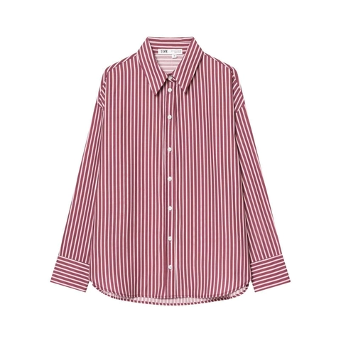 Camicetta da Donna Casual a Righe Manica Lunga con Bottoni e Rever Vestibilità Larga Oversize Bordeaux Bianco Top Autunno