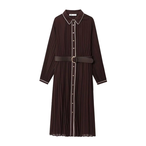 Elegante Vestido Midi Plisado Marrón Oscuro Mujer Manga Larga Vestido Trabajo Oficina Con Cinturón Ajustable Cintura