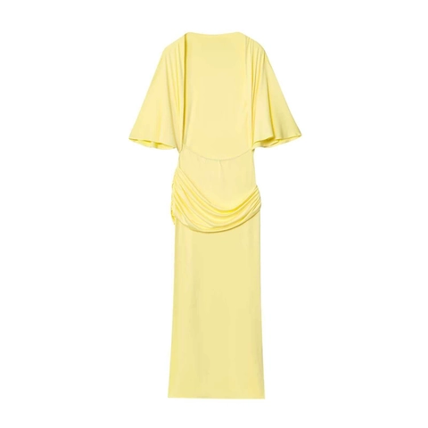 Elegante Dames Maxi Jurk met Open Rug en Drapering Slanke Pasvorm Flodder Mouw Geel Polyester Lange Jurk voor Feest Banket