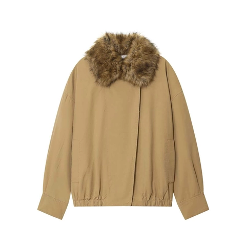 Women Casual Loose Khaki Pilot Jacket With Brown Faux Fur Collar Long Sleeve Zip Up Commuting Outerwear Autumn Winter