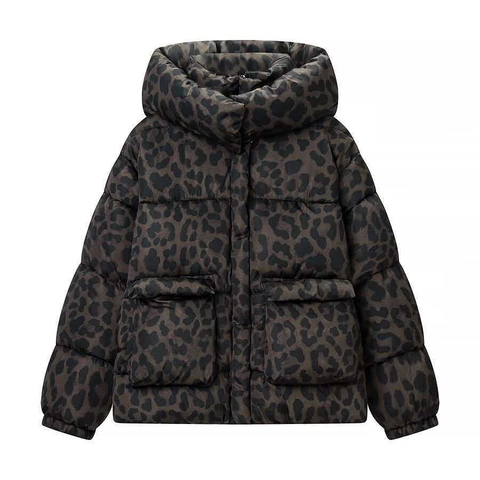 Damen Vintage Leopardenmuster Kapuzenpufferjacke Warm Gesteppte Winter Wattierte Baumwolljacke Mit Taschen Reißverschluss