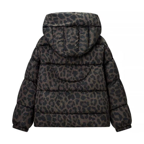 Damen Vintage Leopardenmuster Kapuzenpufferjacke Warm Gesteppte Winter Wattierte Baumwolljacke Mit Taschen Reißverschluss