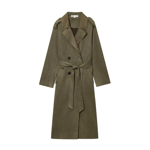 Dames Double-breasted Imitatie Suède Lange Trenchcoat Met Riem Elegant Olijfgroen Reverskraag Overjas Windjack