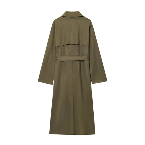 Dames Double-breasted Imitatie Suède Lange Trenchcoat Met Riem Elegant Olijfgroen Reverskraag Overjas Windjack