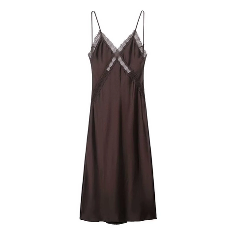 Women Satin Slip Dress Lace Patchwork Spaghetti Strap V-Neck Backless Elegant Loungewear Nightgown